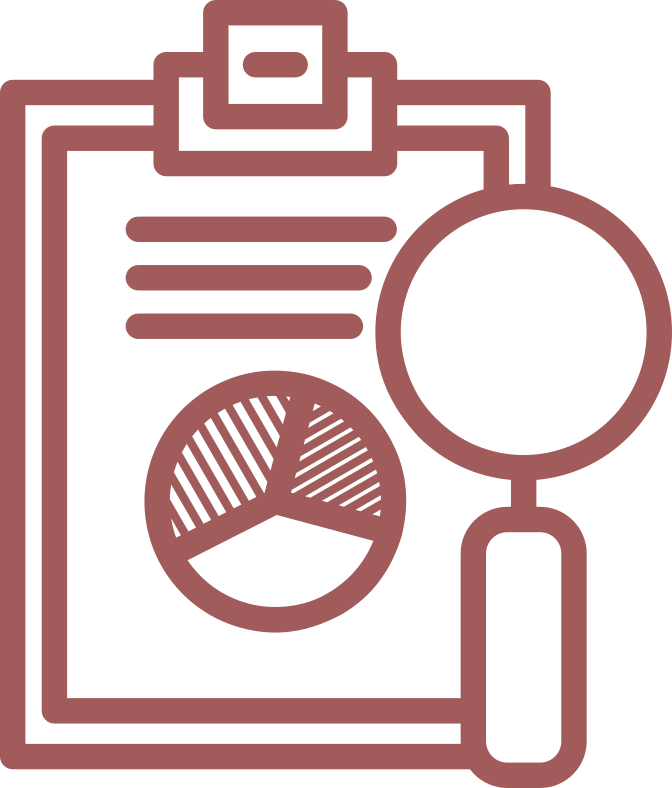 A line drawing icon of a clipboard with magnifying glass.