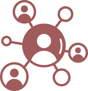 Line drawing icon of a network of people in circles connected together.