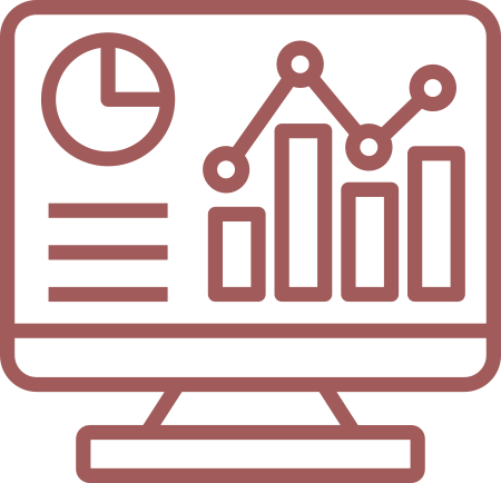 A line drawing icon of a computer screen with graphs on it.